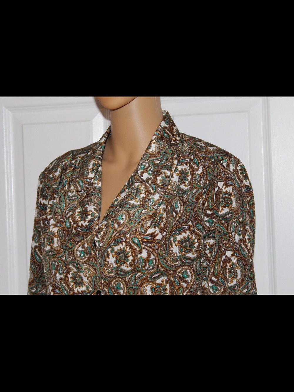 Vintage Women’s Paisley-Print Button-Down Satin Blouse in Brown, Teal, Gold and